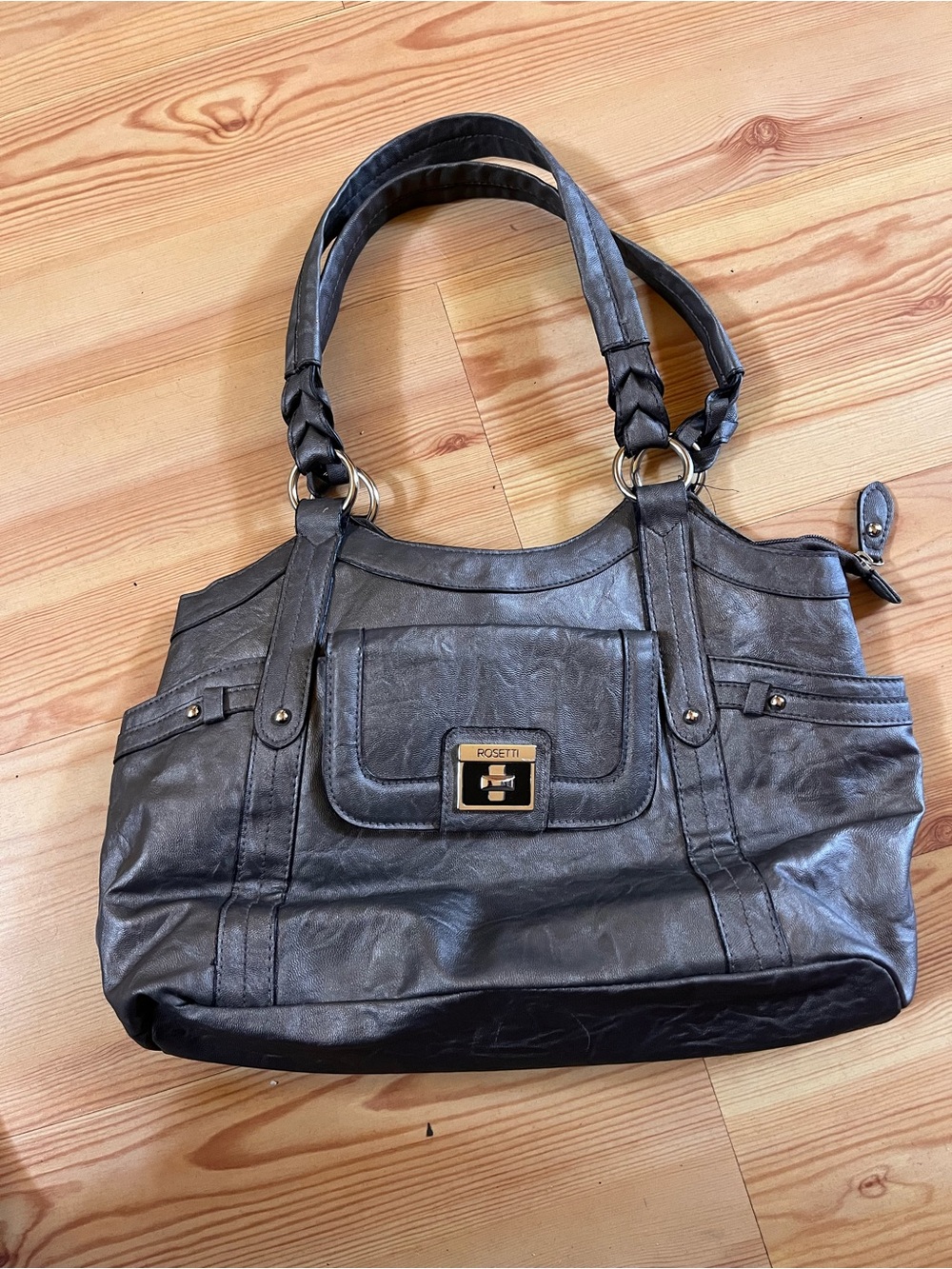 Rosetti pewter (silver)Shoulder Tote with Front Turn-Lock Pocket